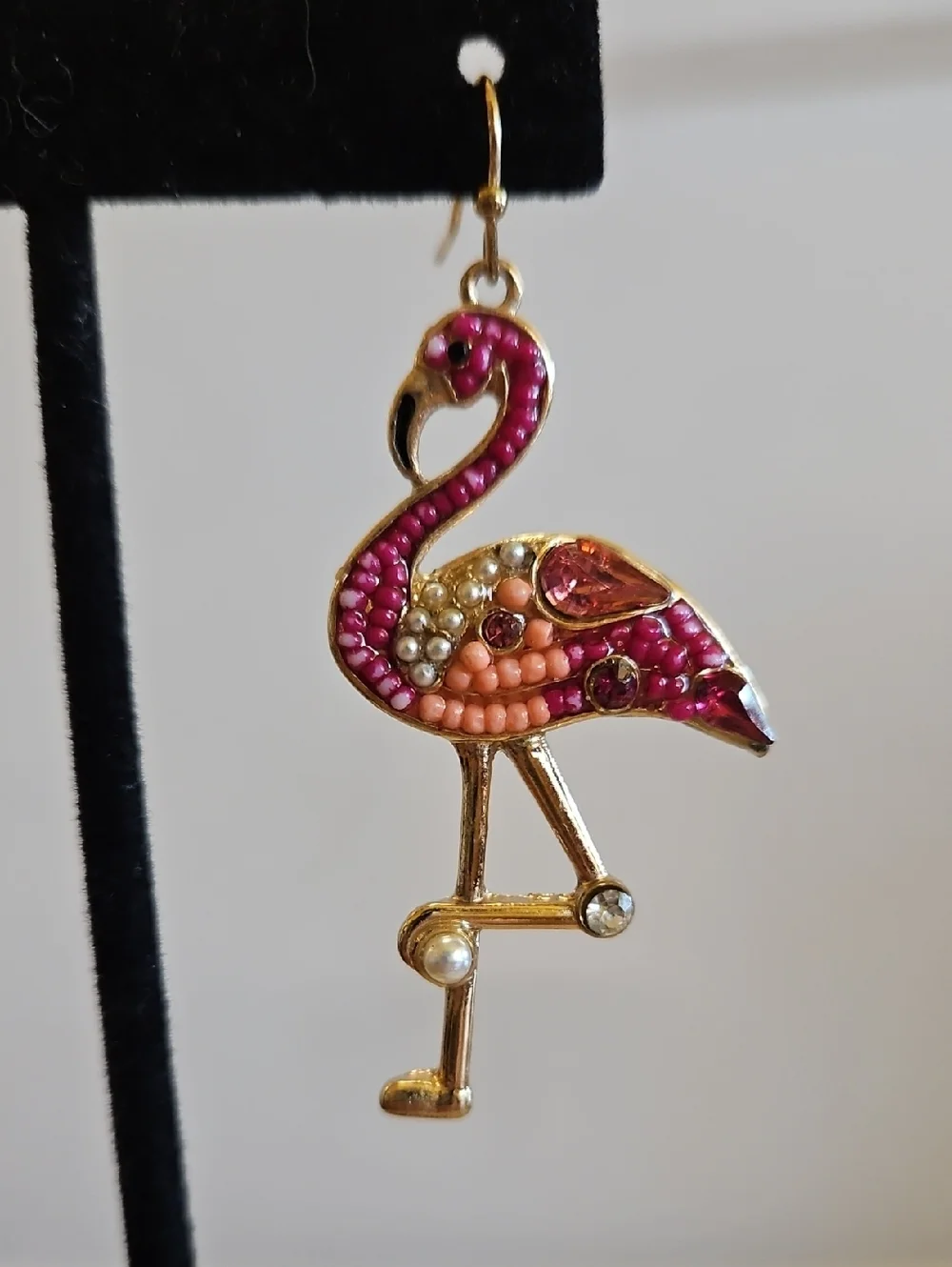 Pink Flamingo Drop Earrings with Rhinestone and Faux Pearl Accents - Picture 3 of 5